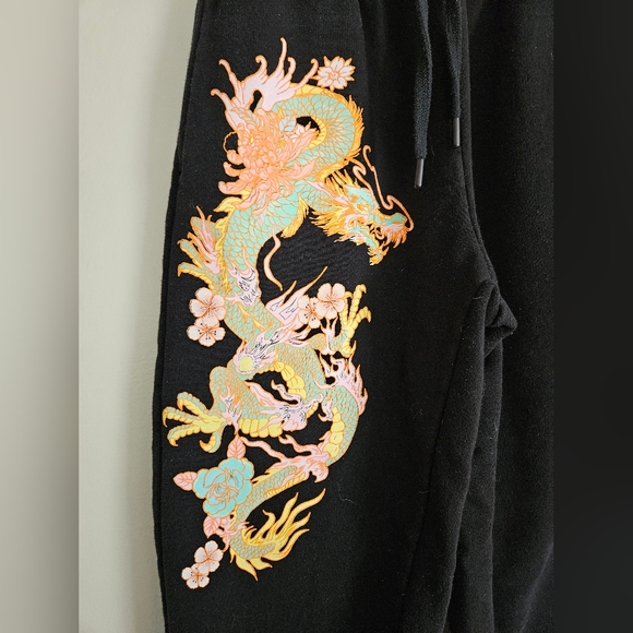 Bershka Dragon Sweatpants Black Asian Flower Design "Eternal Return" Size Small - Picture 3 of 14